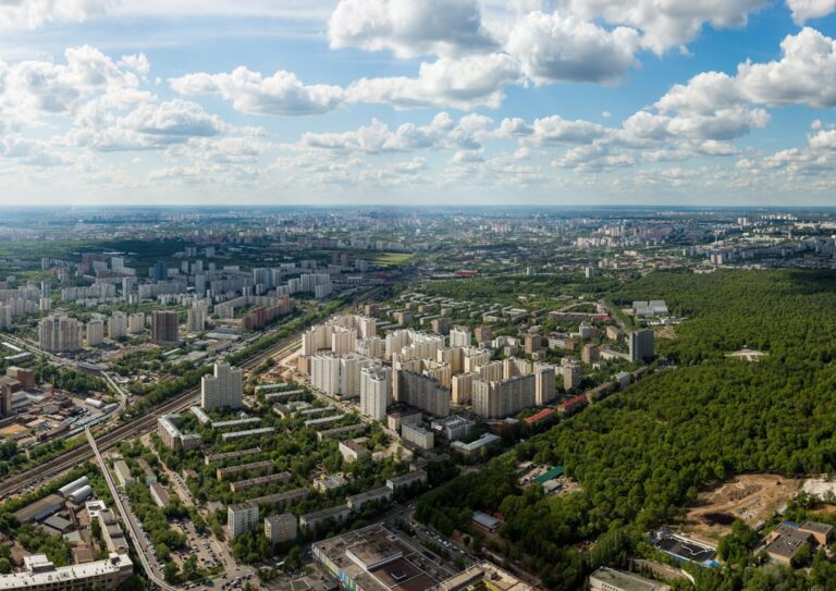 Vista Aerea De Uma Cidade Extensa Com Floresta Densa Proxima 1FX6xHJ96pM